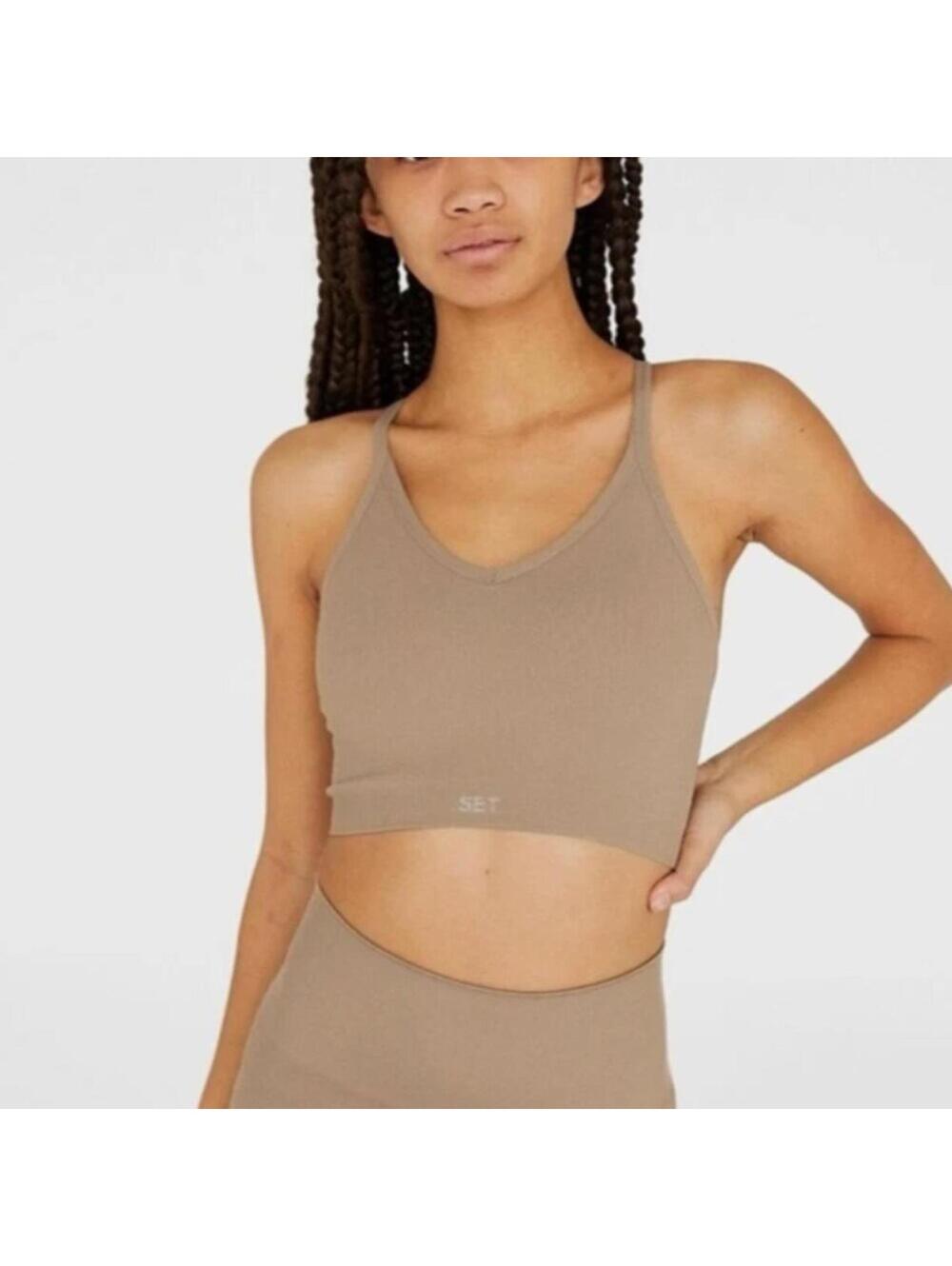 SET Active Sculptflex Ribbed V-Neck Sports Bra Taupe Tan Size S